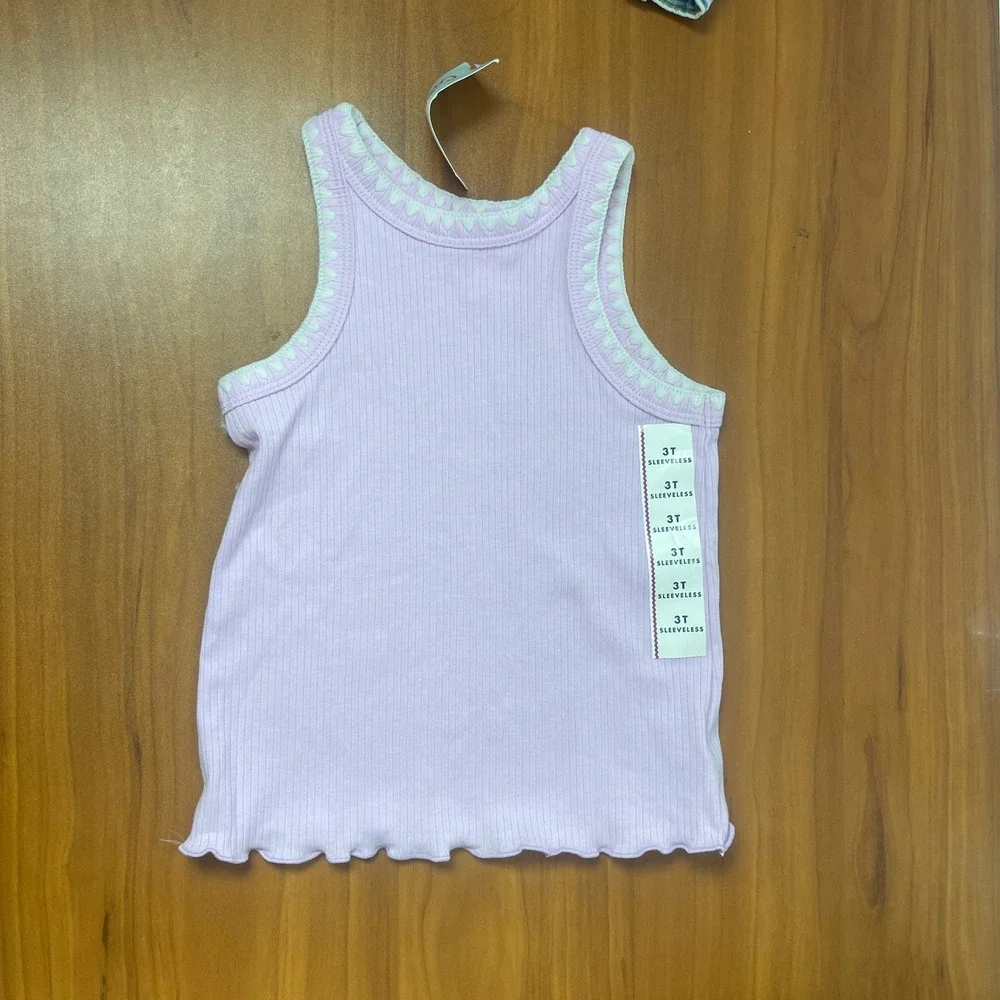 Cat & Jack Girls 3T Outfit Set Lavender Ribbed Tank & Floral Denim Shorts NEW